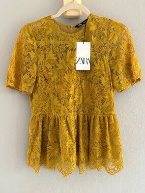 Zara Mustard Lace Peplum Top NWT